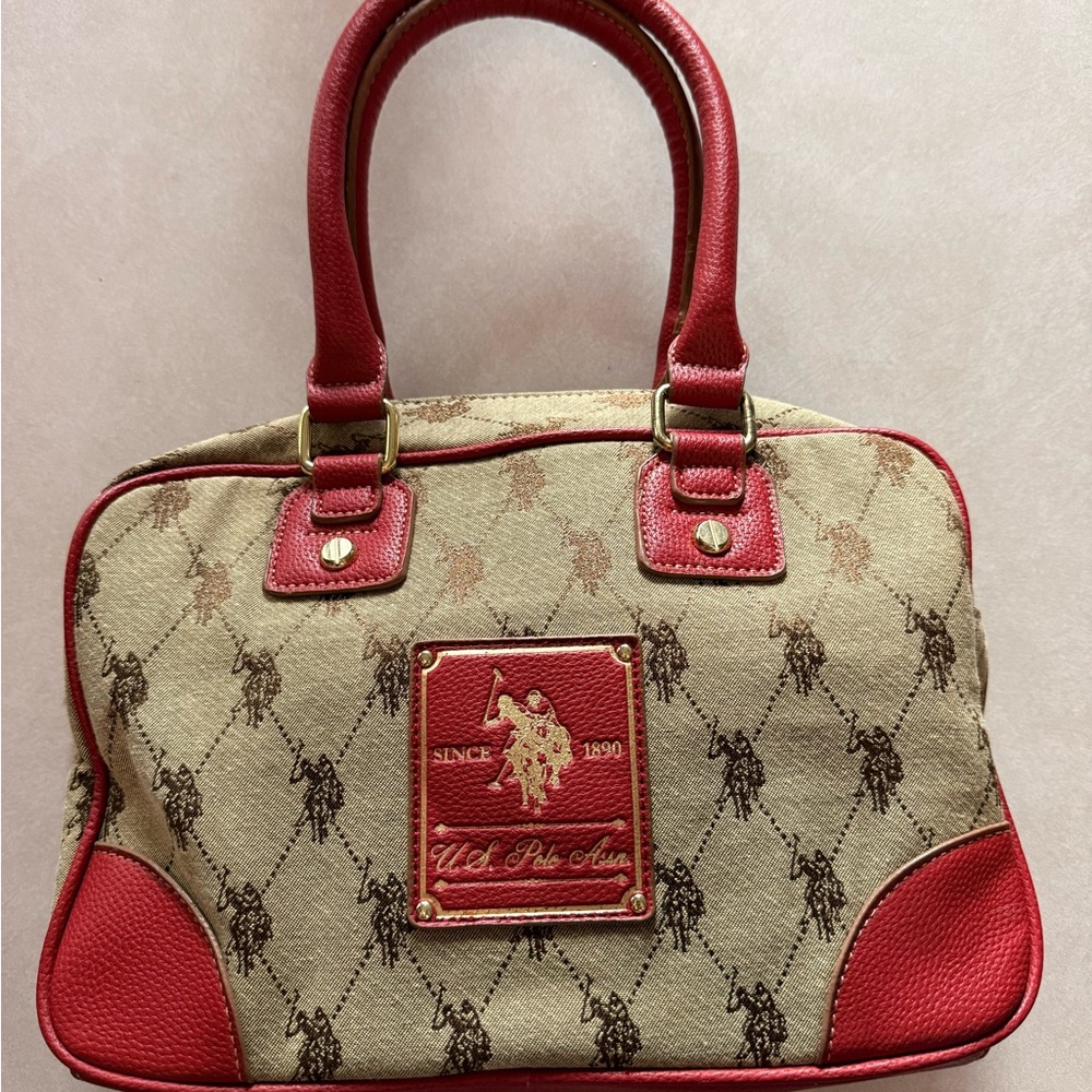 U.S. Polo Assn. Red and Tan Monogram Handbag